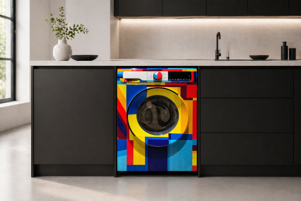 Waschmaschine mit farbigem Frontdesign, eingebaut in eine moderne schwarze Küche mit minimalistischen Schränken und Arbeitsfläche.