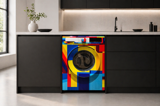 Waschmaschine mit farbigem Frontdesign, eingebaut in eine moderne schwarze Küche mit minimalistischen Schränken und Arbeitsfläche.