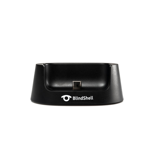 Vorderansicht: Schwarze Ladeschale für das BlindShell Classic 3. 