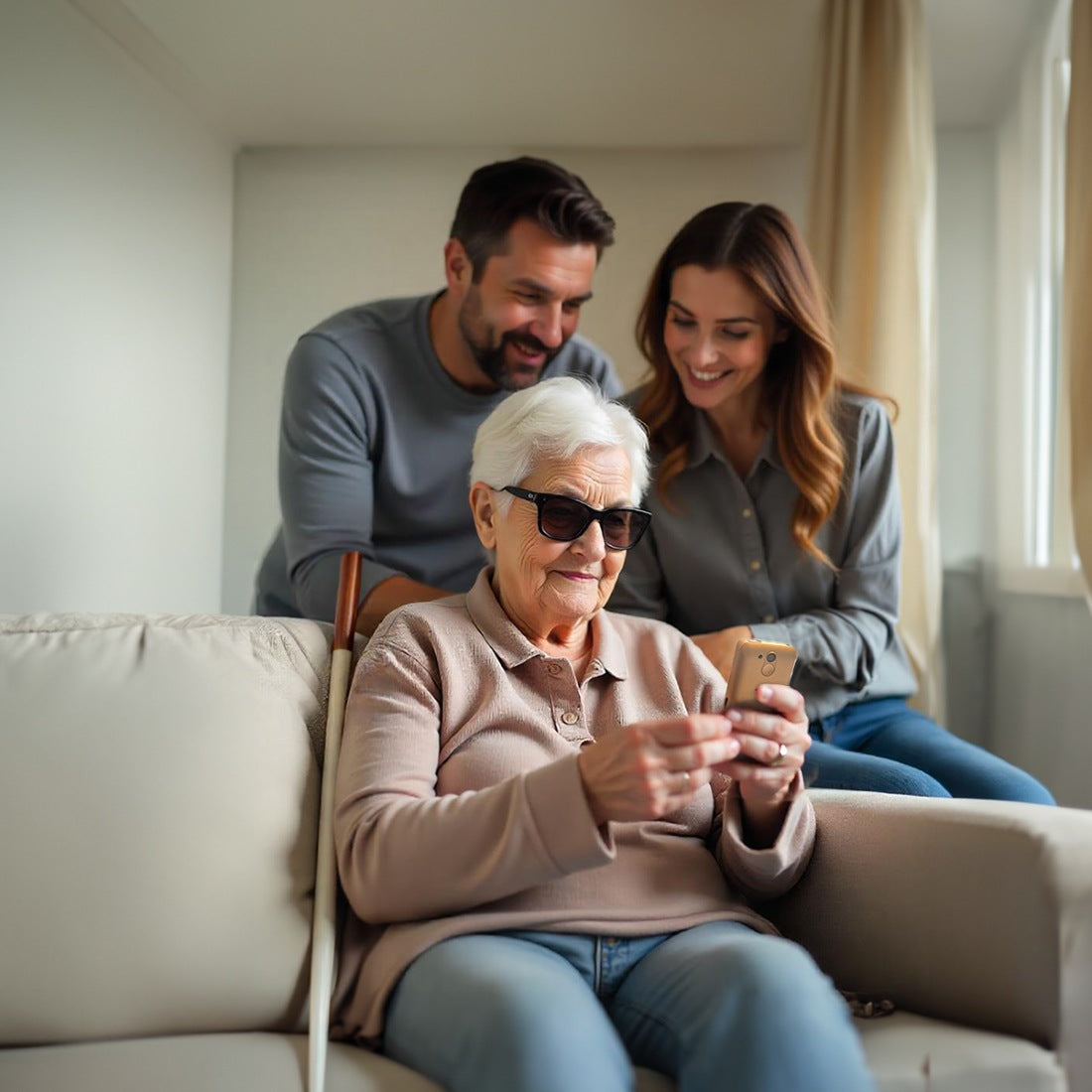 Eine weißhaarige Dame mit Sonnenbrille mit einem goldenen BlindShell Classic 3 sitzt auf einem Sofa, im Hintergrund ein Mann und eine Frau. 