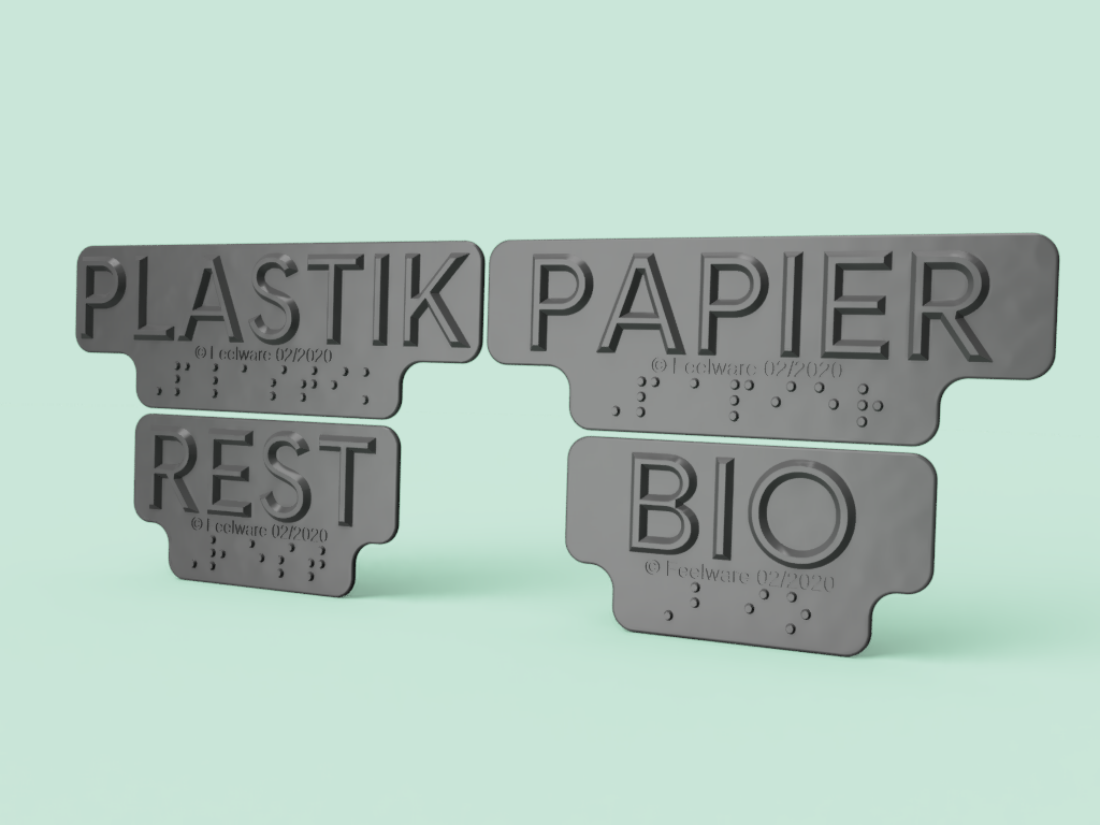 Beschriftung für Mülltonnen mit erhabener Schwarzschrift und Braille-Beschriftung: Papier, Bio, Rest, Plastik